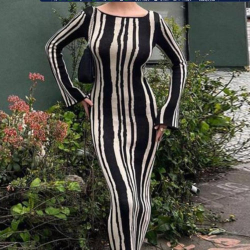 Damen Elegantes Maxi-Kleid mit spannendem Muster und langem Arm R&B