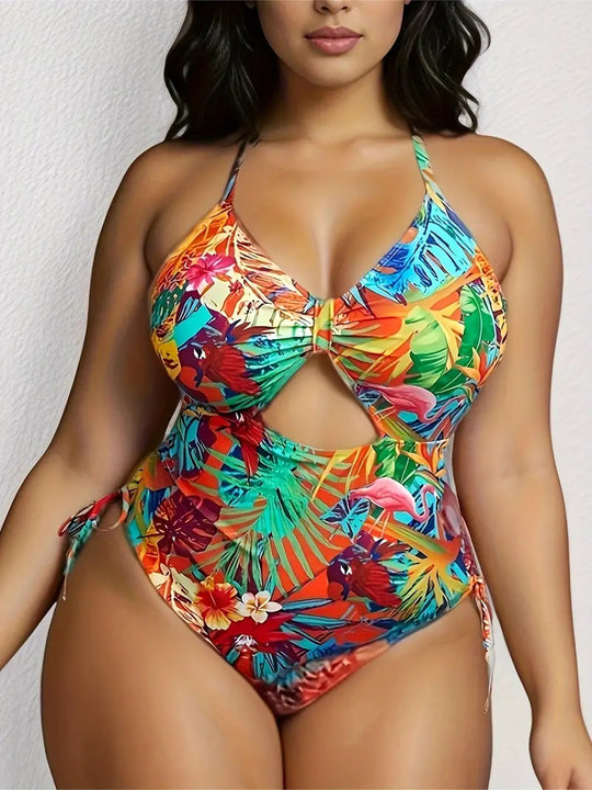 Damen Einteiliger Badeanzug mit exotischem Schnitt und buntem Tropen-Design R&B