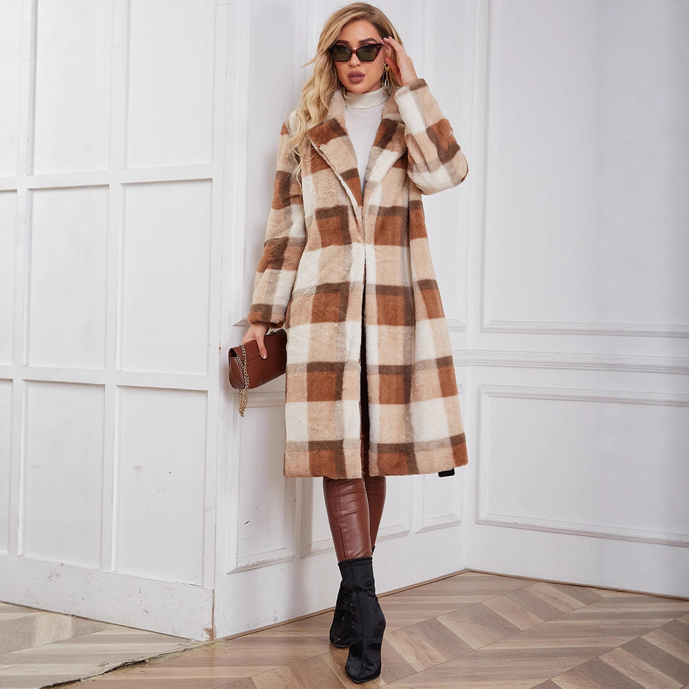 Damen Flauschiger Karomantel mit elegantem Revers und praktischen Taschen R&B