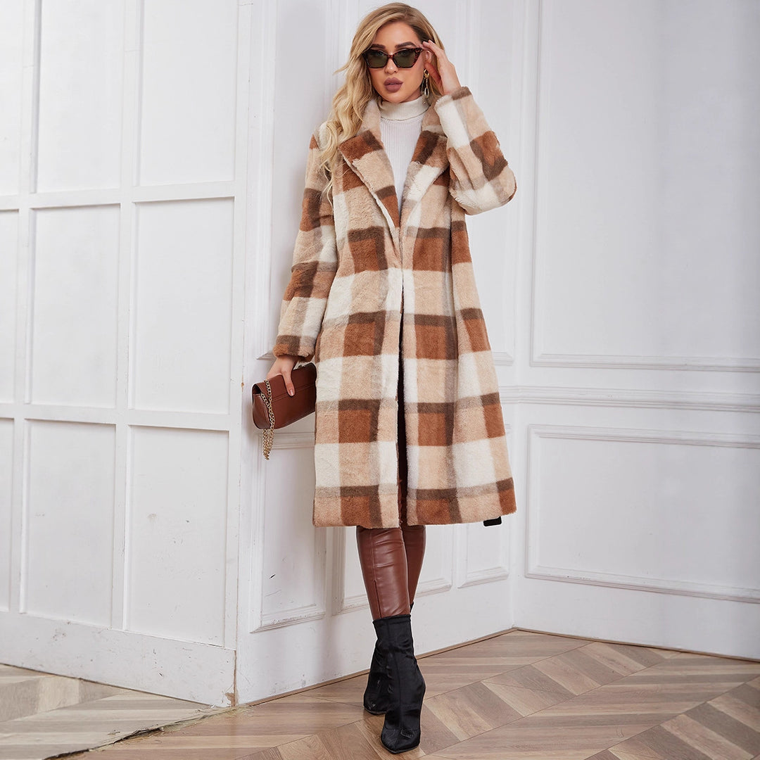 Damen Flauschiger Karomantel mit elegantem Revers und praktischen Taschen R&B