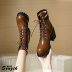 Damen Schnürstiefel mit robustem Blockabsatz und elastischem Strickkragen R&B