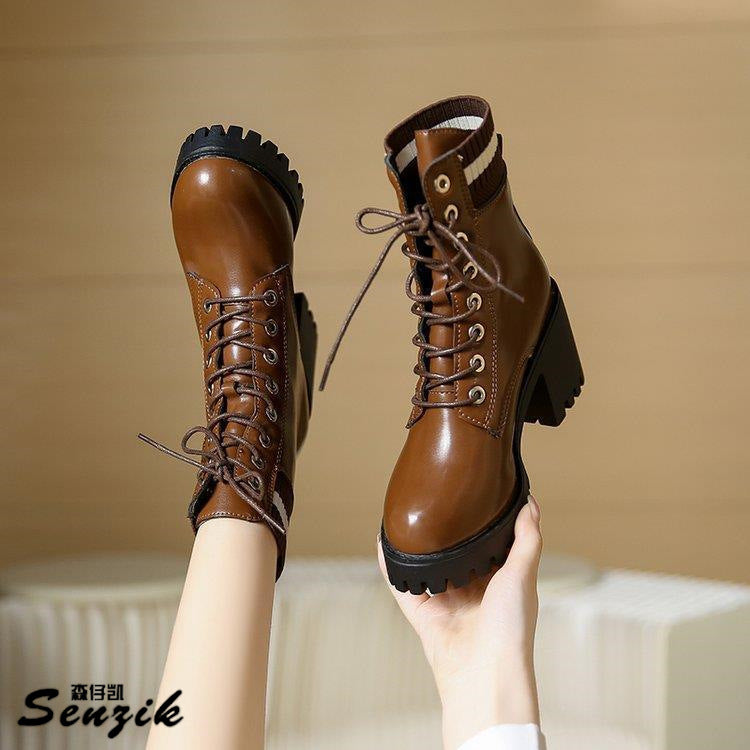 Damen Schnürstiefel mit robustem Blockabsatz und elastischem Strickkragen R&B