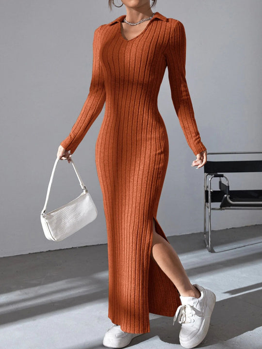 Damen Maxikleid mit strukturiertem V-Ausschnitt und Seitenschlitzen R&B
