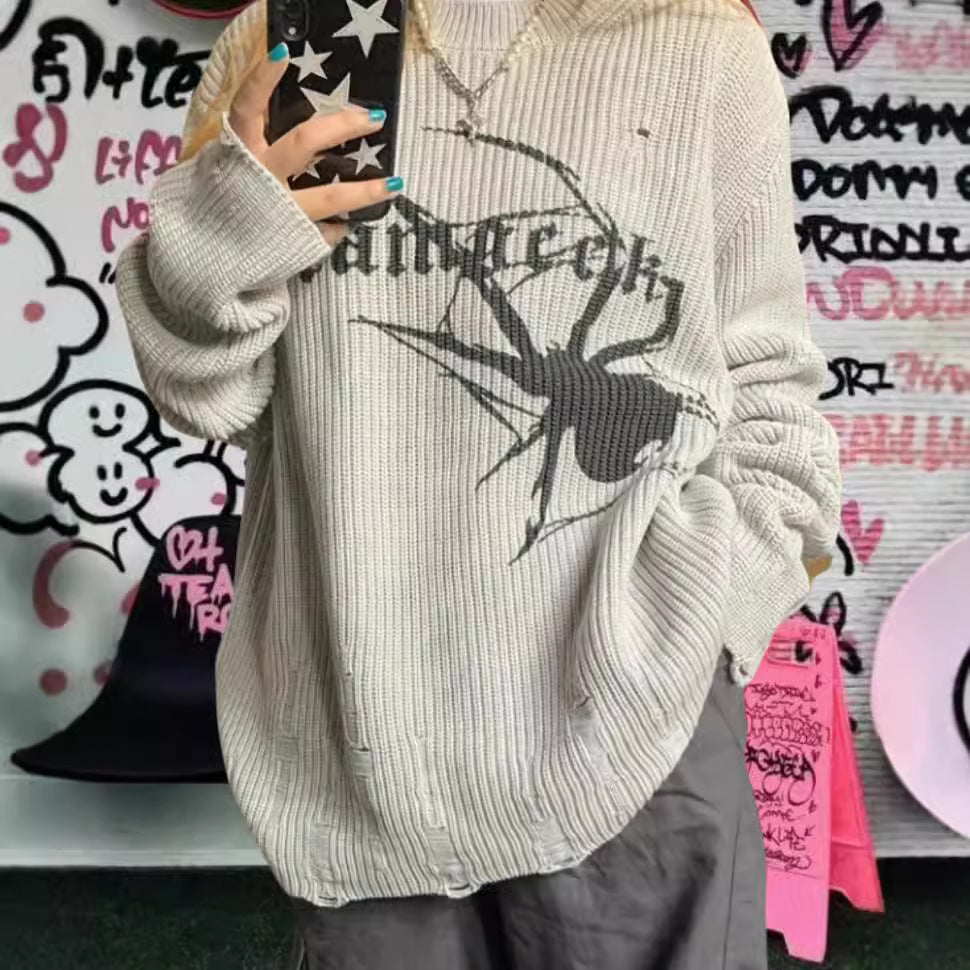 Damen Oversized Strickpullover mit auffälligem Spinnenmuster R&B