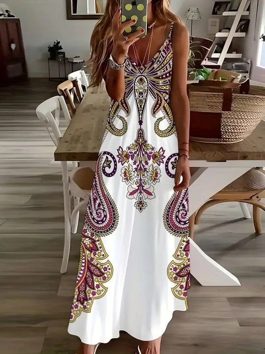 Damen Maxi-Kleid mit geschwärztem Paisley-Muster und elegantem V-Ausschnitt R&B