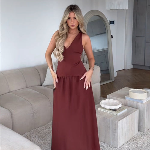 Damen Maxikleid mit elegantem V-Ausschnitt und Plissee-Unterteil R&B