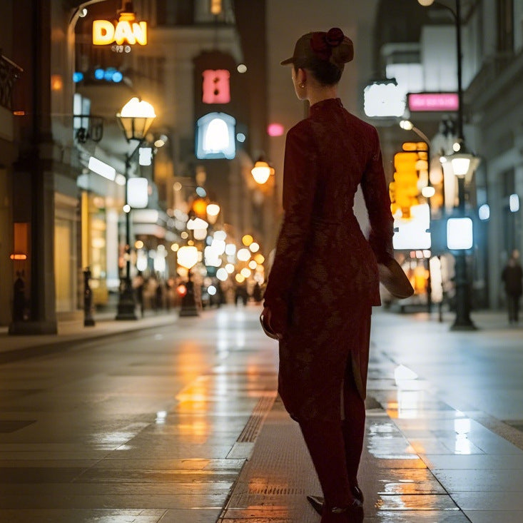 Damen Elegantes Spitzenkleid mit hochgeschlossenem Kragen und voluminösen Ärmel R&B