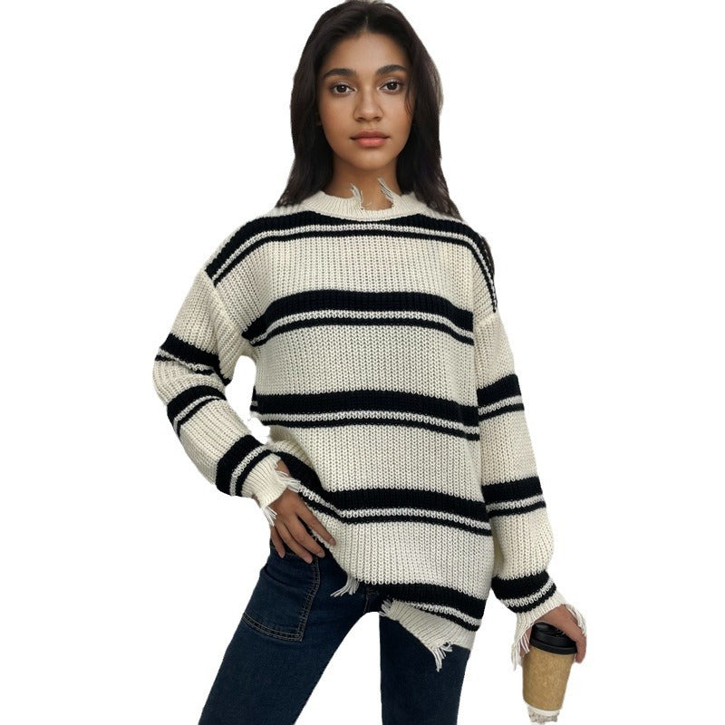 Damen Grobstrickpullover mit modischem Streifenmuster und lässigem Schnitt R&B
