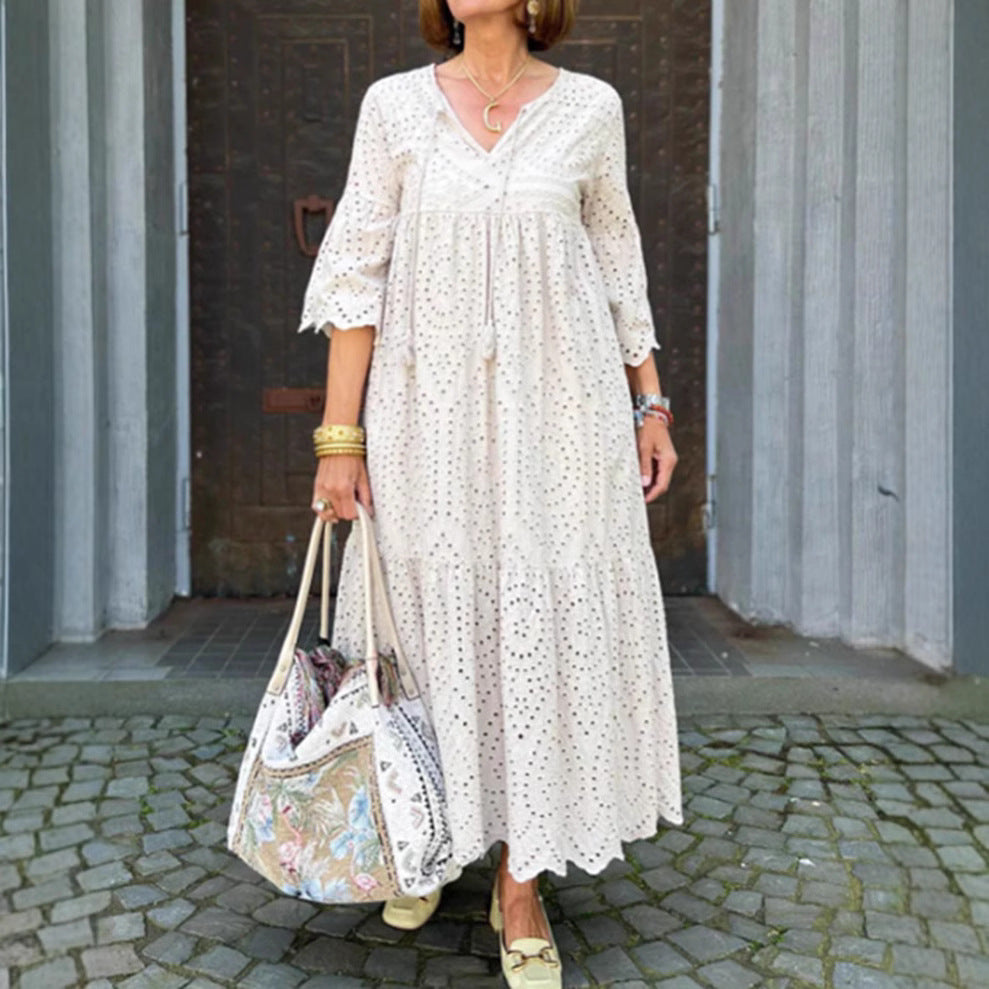 Damen Maxikleid mit femininen Rüschendetails und luftiger Baumwollstruktur Heidi-Mode