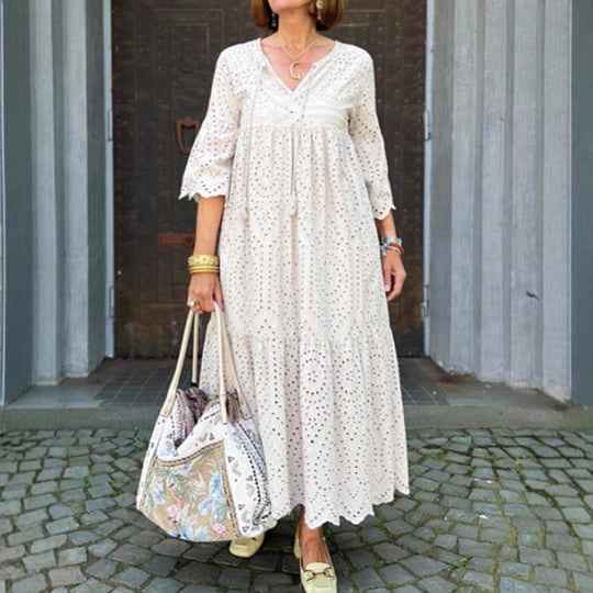 Damen nan fließendes Maxikleid mit Ajourstickerei, V-Ausschnitt, Unterbrustnaht und Volantrock R&B
