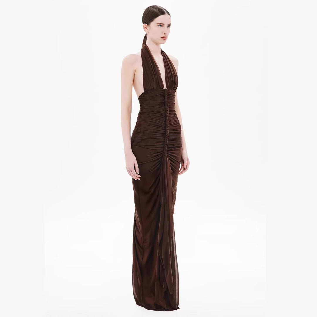 Damen Exquisites gerafftes Maxikleid mit tiefem V-Ausschnitt und eleganten Drapierungen R&B