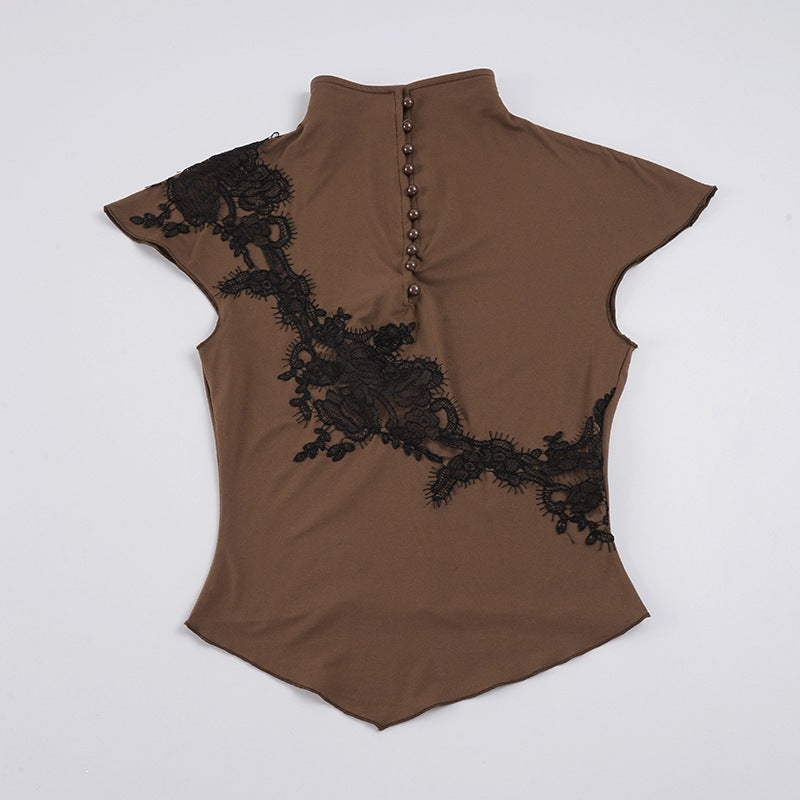 Damen Elegantes Spitzenoberteil mit modischen Knopfdetails R&B