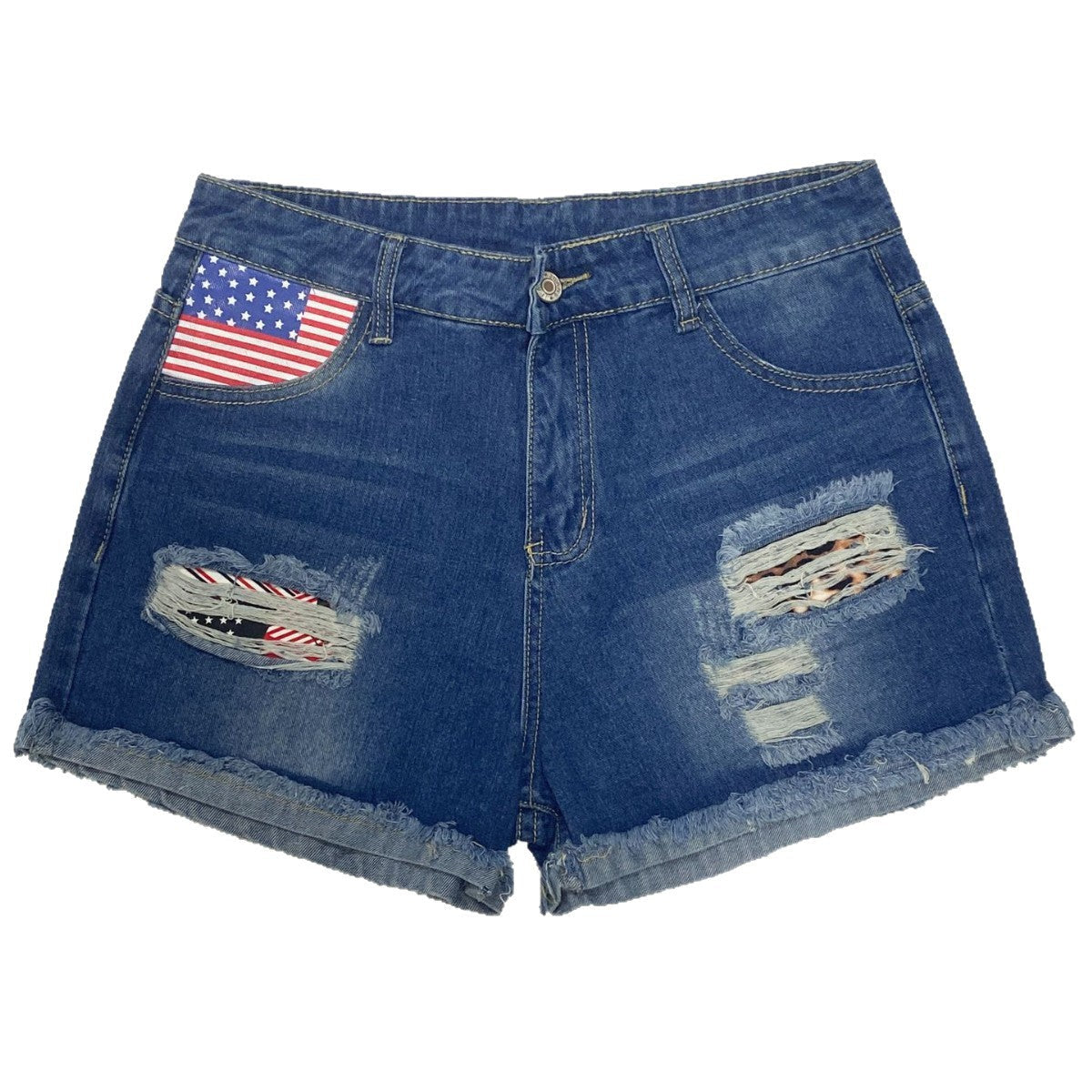 Damen Jeans-Shorts mit einzigartigem Flaggen-Design und modernen Destroyed-Details R&B