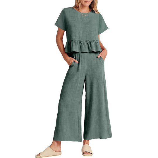 Damen Zweiteiliges Outfit mit fließendem Oberteil und weitem Hosen-Design R&B