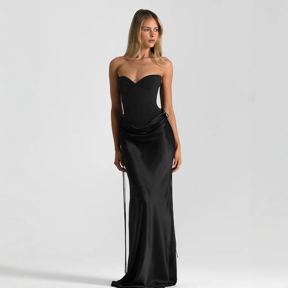 Damen elegantes figurbetontes Abendkleid mit raffiniertem Rüschendesign und verstellbaren Trägern R&B
