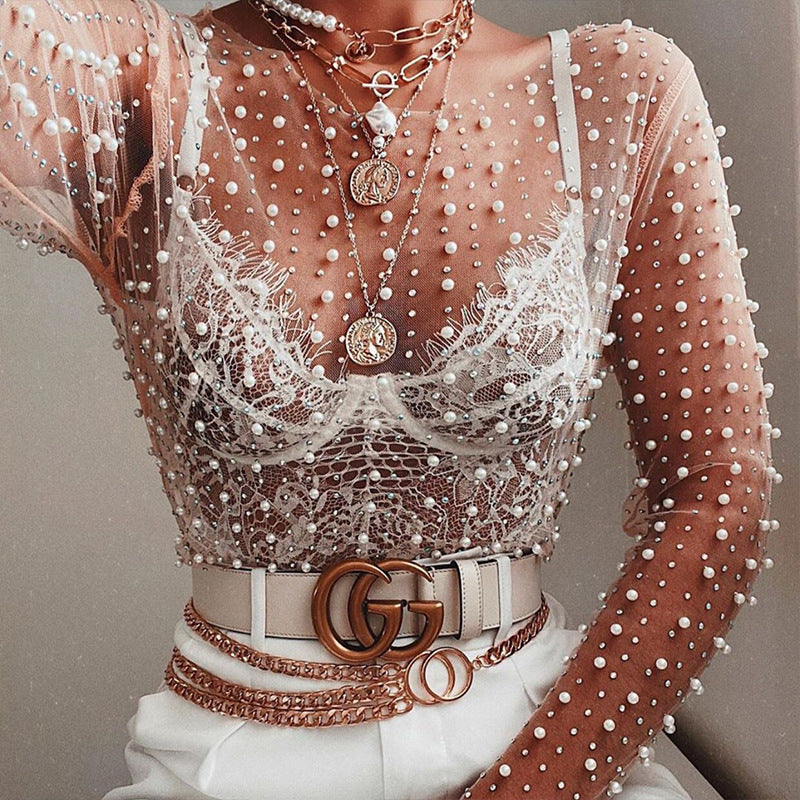 Damen glitzerndes Langarm-Top mit Strassverzierungen R&B