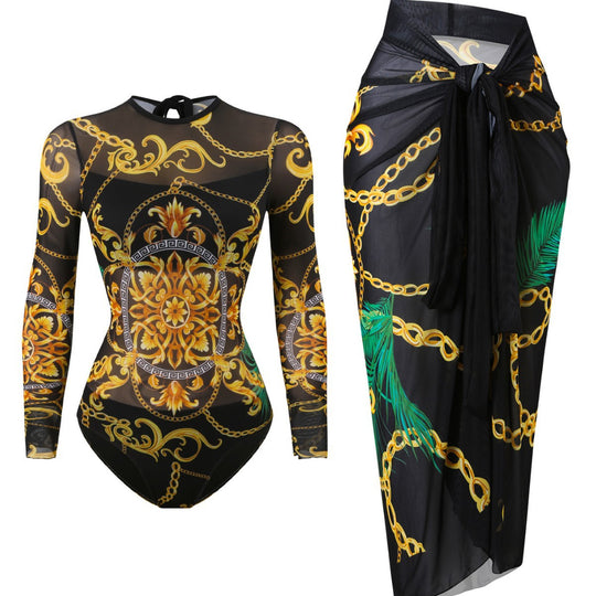 Damen Badeanzug mit elegantem transparentem Wickelrock R&B
