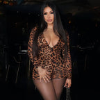 Damen stylischer Leopardenmuster Bodysuit mit V-Ausschnitt und langen Ärmeln R&B