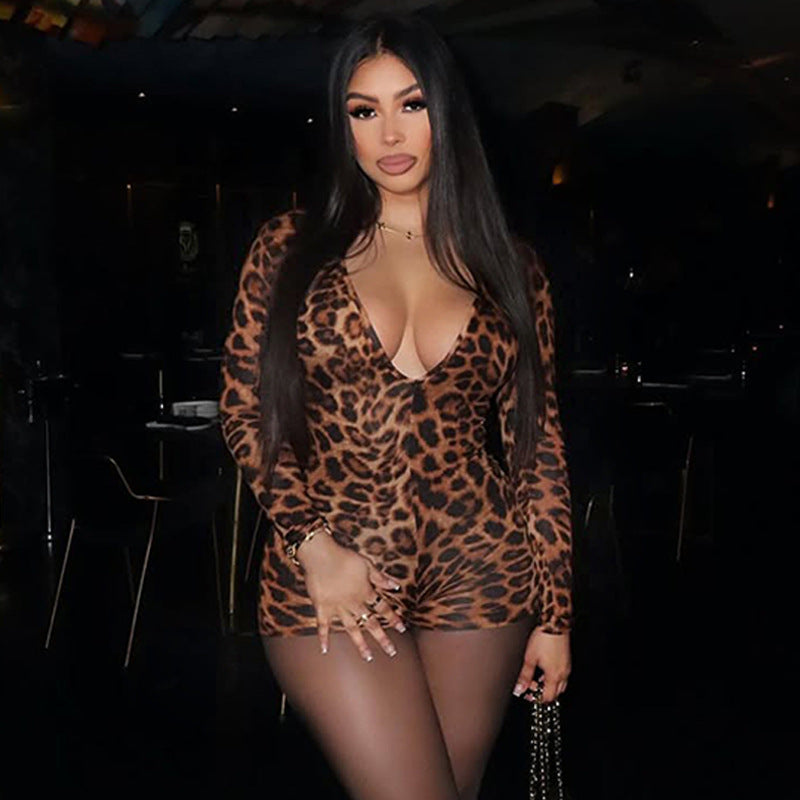 Damen stylischer Leopardenmuster Bodysuit mit V-Ausschnitt und langen Ärmeln R&B