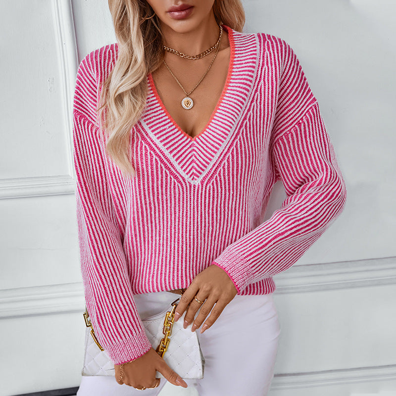 Damen Strickpullover mit V-Ausschnitt und gestreiftem Design R&B