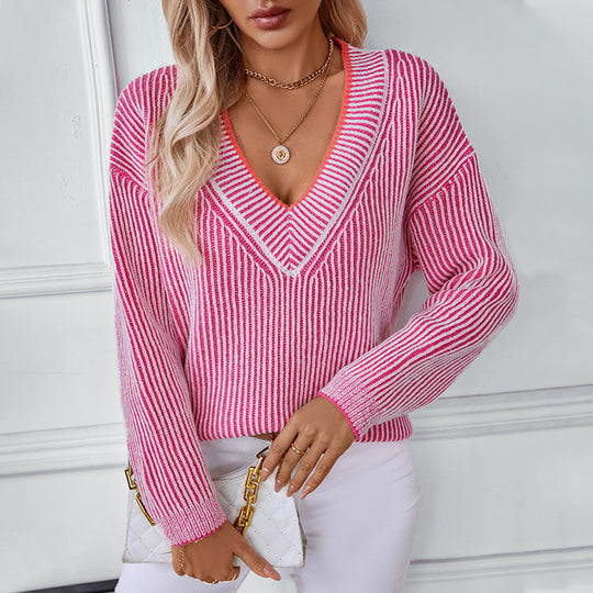 Damen Strickpullover mit V-Ausschnitt und gestreiftem Design R&B