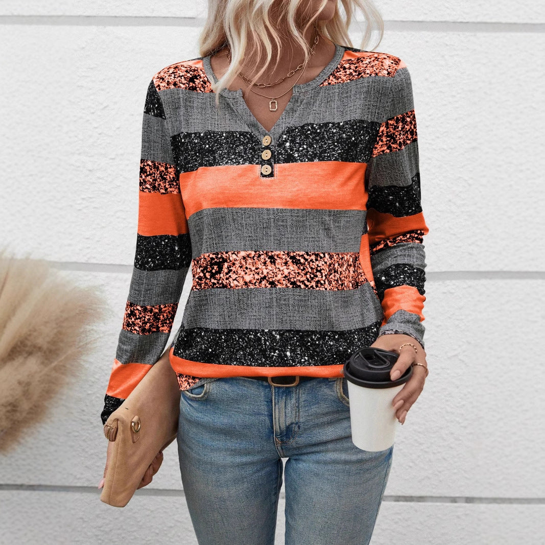 Damen Langarmshirt mit schimmernden Streifen und Knopfdetails R&B