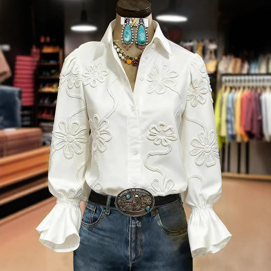 Damen elegante Bluse mit floraler Stickerei und voluminösen Ärmeln R&B