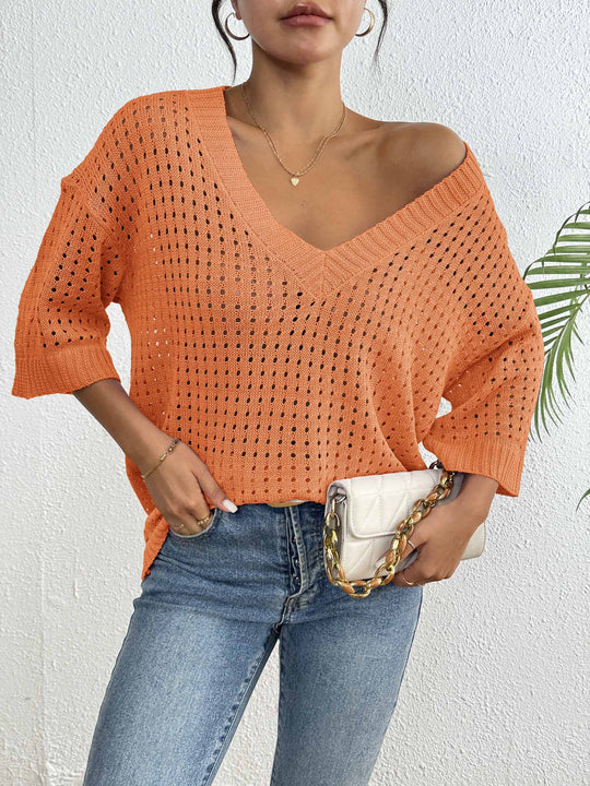 Damen luftiger Strickpullover mit V-Ausschnitt und dekorativem Lochmuster R&B