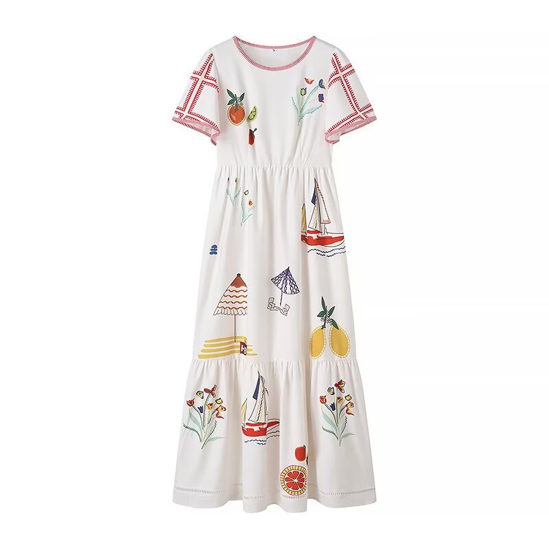 Damen Sommerkleid mit buntem Stickdesign und lockerem Schnitt R&B
