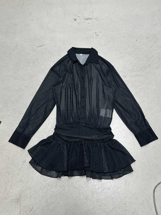 Damen Polka-Dot Kleid mit voluminösen Rüschendetails und transparenten Ärmeln R&B