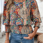 Damen Volantbluse mit buntem Boho-Design und elastischem Bund
