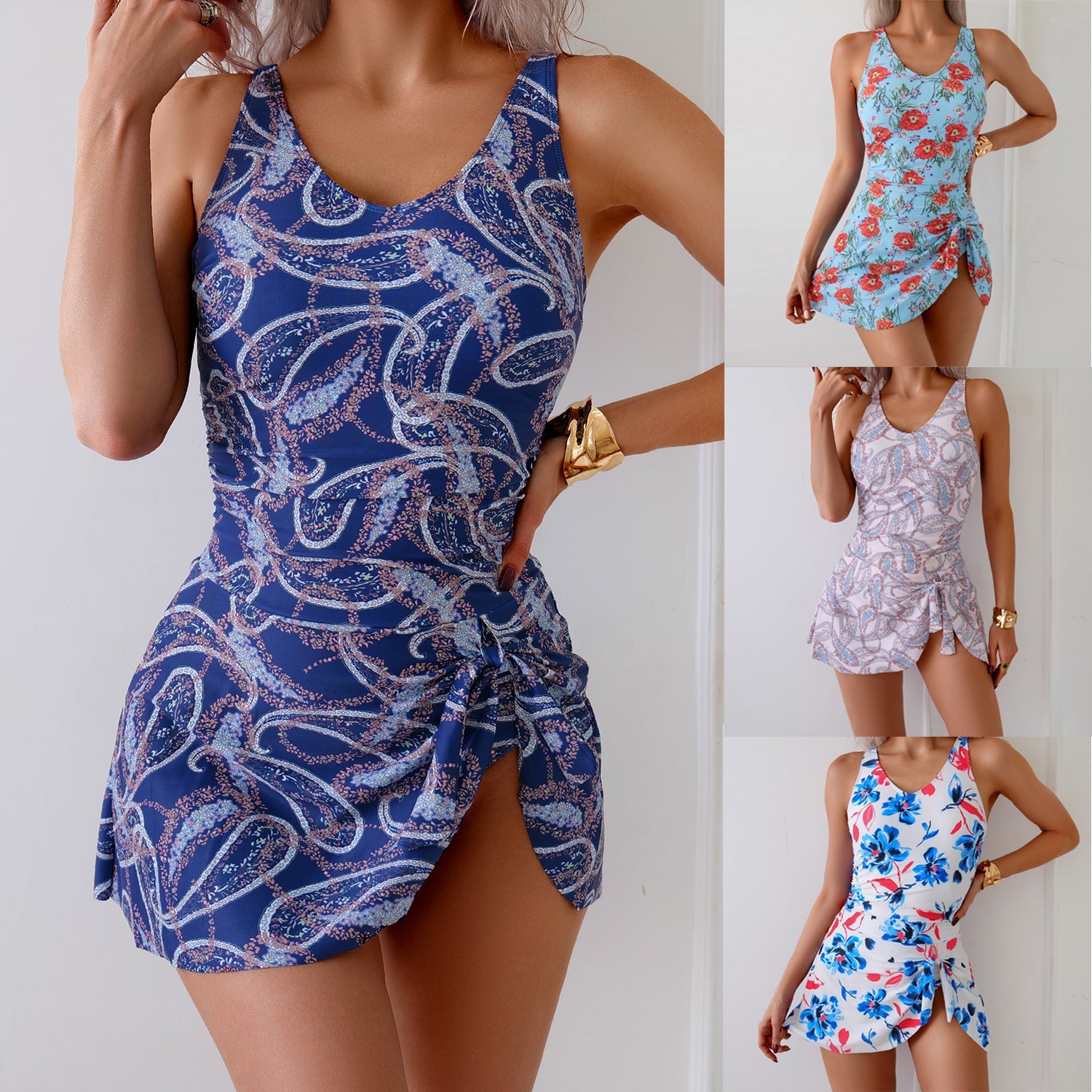 Damen Badekleid mit floralem Design und seitlichem Schlitz R&B