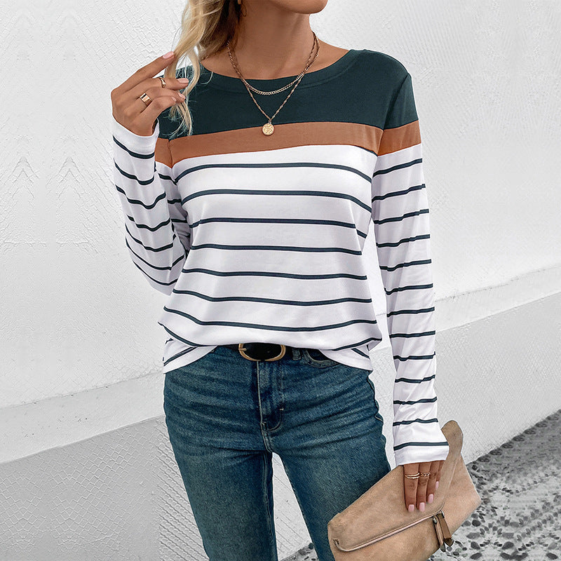 Damen Langarmshirt mit modischem Streifenmuster und kontrastierendem Oberteil R&B
