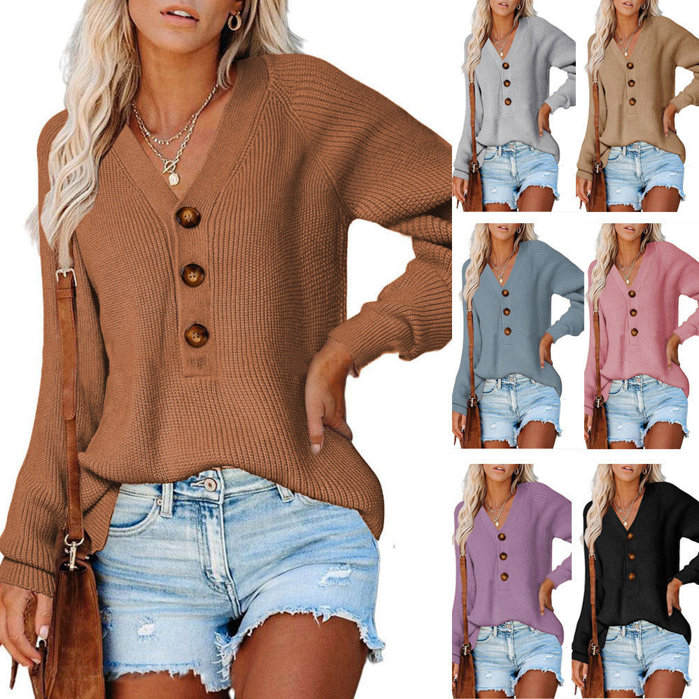 Damen Strickpullover mit V-Ausschnitt und dekorativen Knöpfen R&B