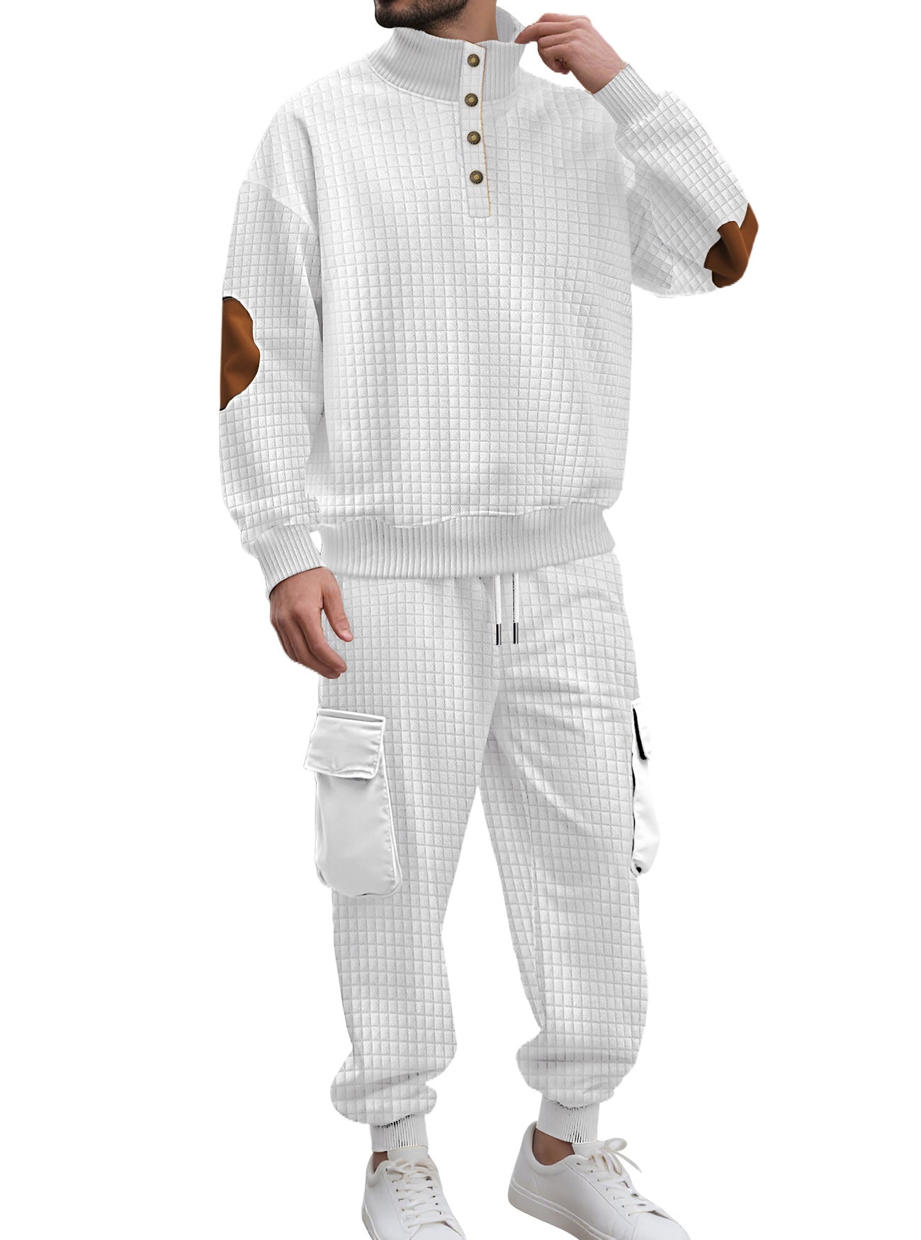 Herren nan Karo-Relief-Sweatset mit Stehkragen-Knopfleiste, Velours-Ellenbogenpatches und Cargo-Jogger R&B