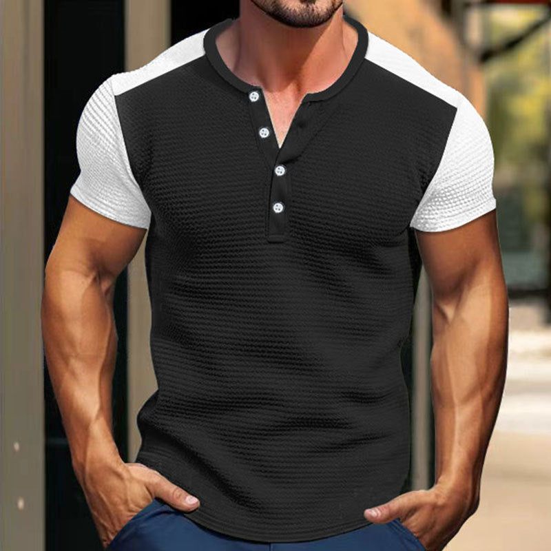Herren Kurzarm-Hemd mit modischem Henley-Kragen und Kontrastärmel R&B