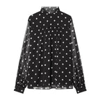 Damen transparente Bluse mit Schleifenkragen im Polka-Dot-Design R&B