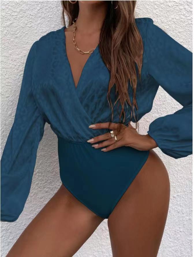 Damen Bodysuit mit elegantem Wickelausschnitt und voluminösen Ärmeln R&B