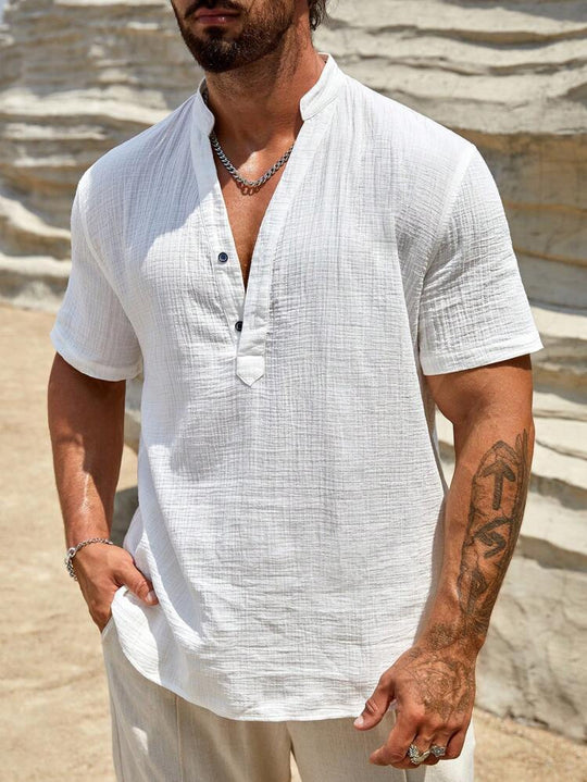 Herren Kurzarm Henley Hemd mit modernem Stehkragen aus leichtem Baumwollmaterial R&B