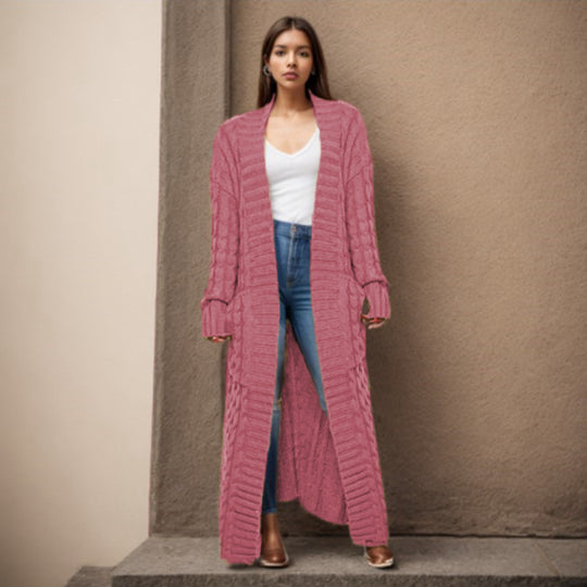 Damen Langer Strickcardigan mit raffiniertem Zopfdesign und praktischen Taschen R&B