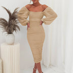Damen Figuroptimiertes Kleid mit Puffärmeln und Raffungen R&B