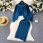 Damen Elegantes Strickkleid mit raffinierter Ribstruktur und stylischem Crop-Pullover