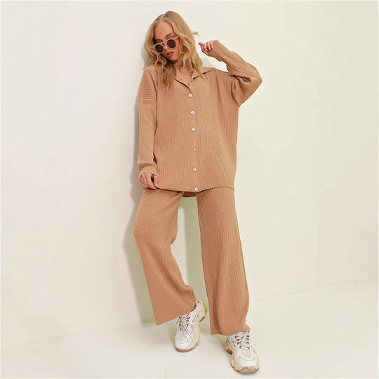 Damen lässiges Zweiteiler-Set mit bequemer Weite und Knopfdetails R&B