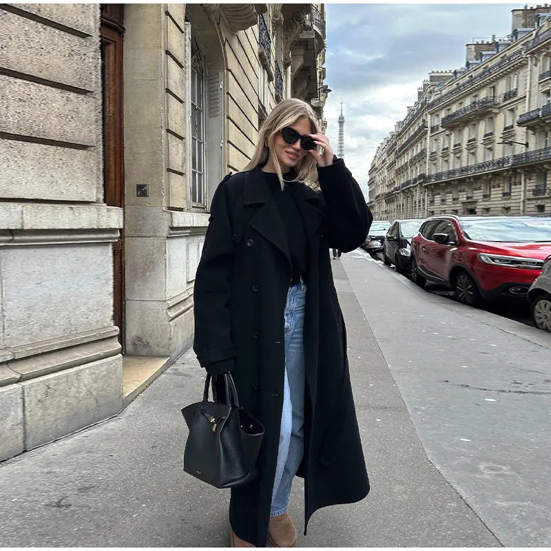 Damen Eleganter Oversized-Trenchcoat mit modischem Gürtel und breiten Ärmeln R&B