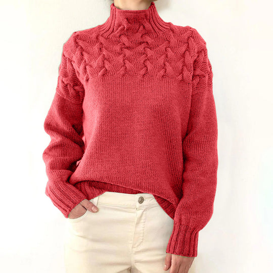 Damen Strickpullover mit hochgeschlossenem Kragen und trendigem Zopfmuster R&B
