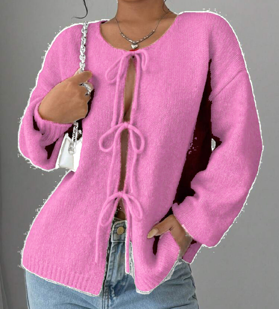 Damen Oversized Strickpullover mit dekorativem Schnürdetail R&B