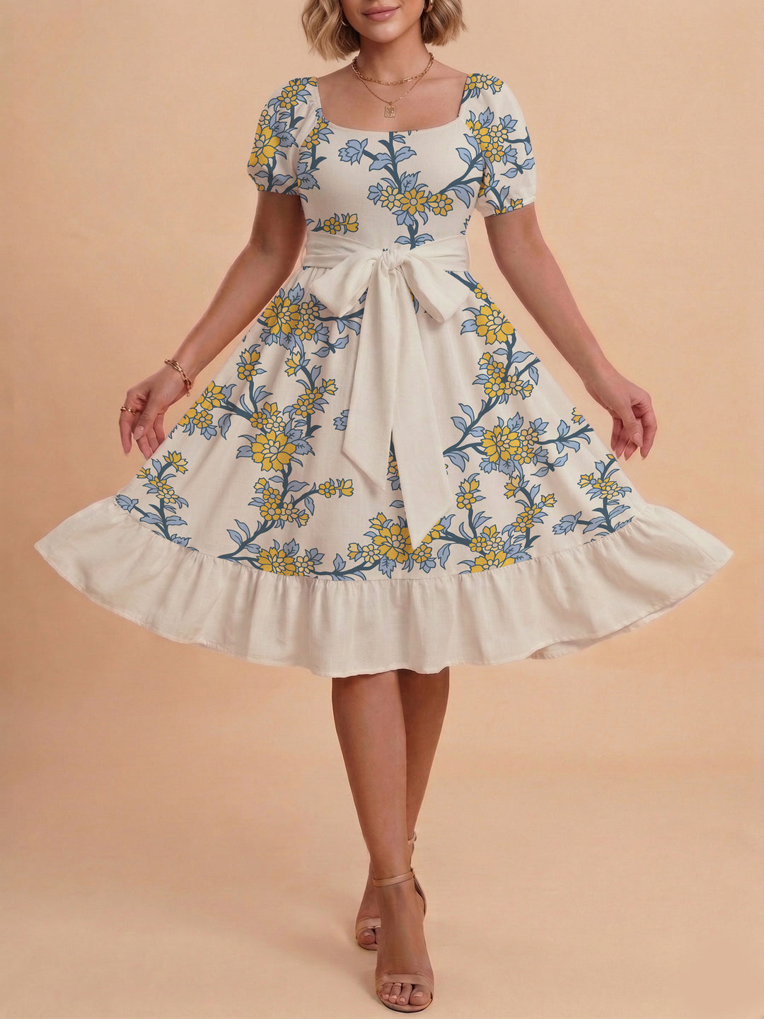 Damen Blumenkleid mit taillierbarem Gürtel und voluminösen Ärmeln R&B