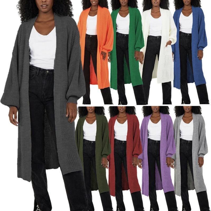 Damen Langer Strickcardigan mit voluminösen Ärmeln und offenem Schnitt R&B