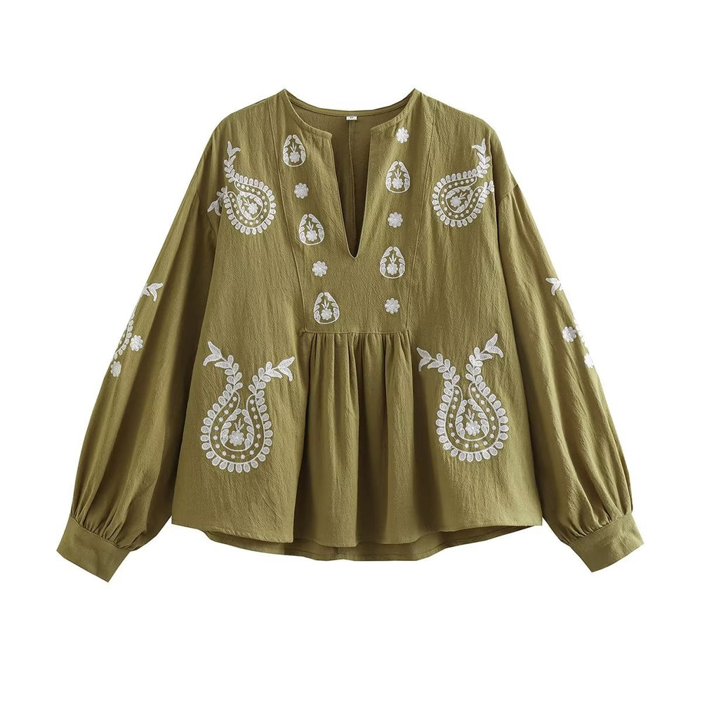 Damen bestickte Bluse mit Balloon-Ärmeln und V-Ausschnitt R&B