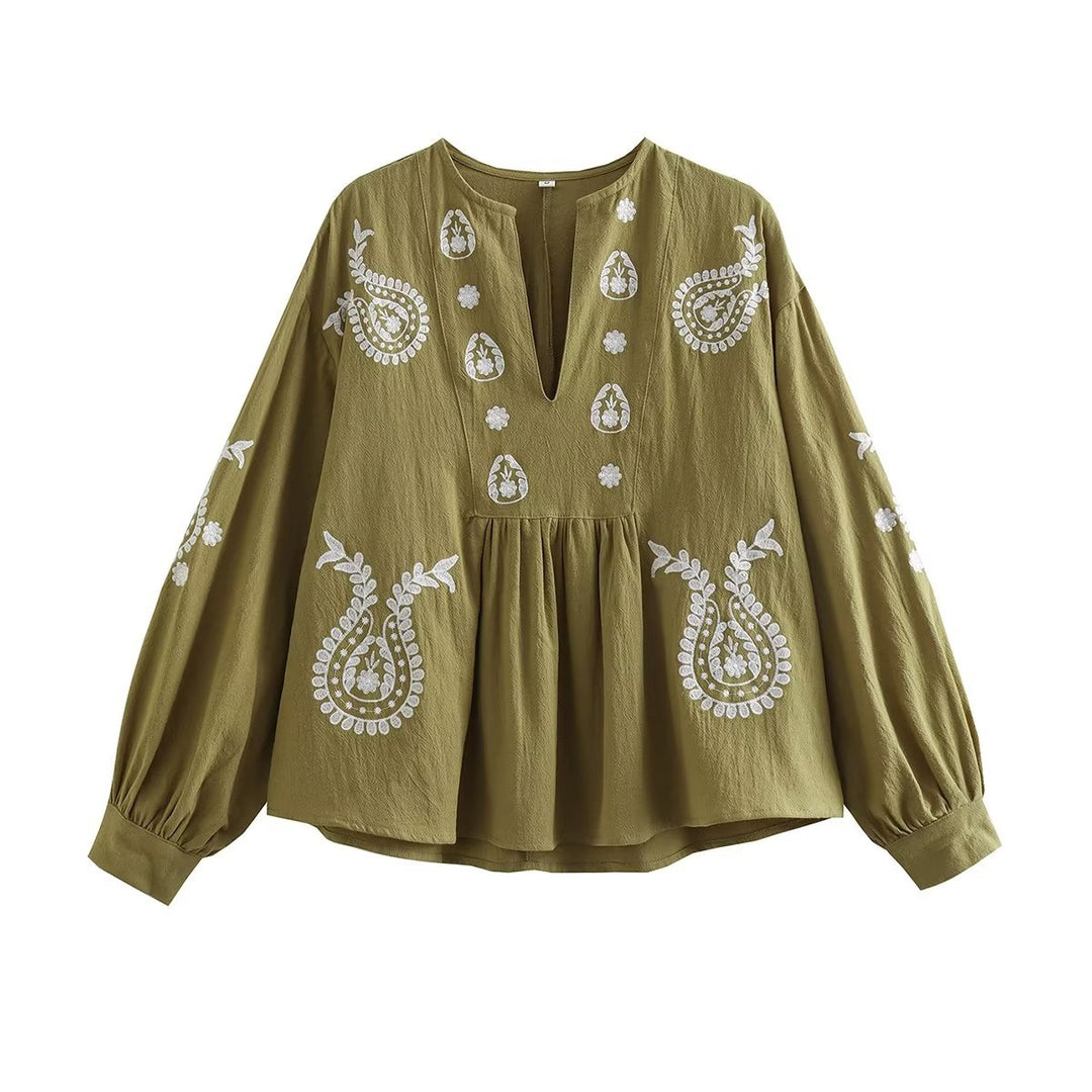 Damen bestickte Bluse mit Balloon-Ärmeln und V-Ausschnitt R&B